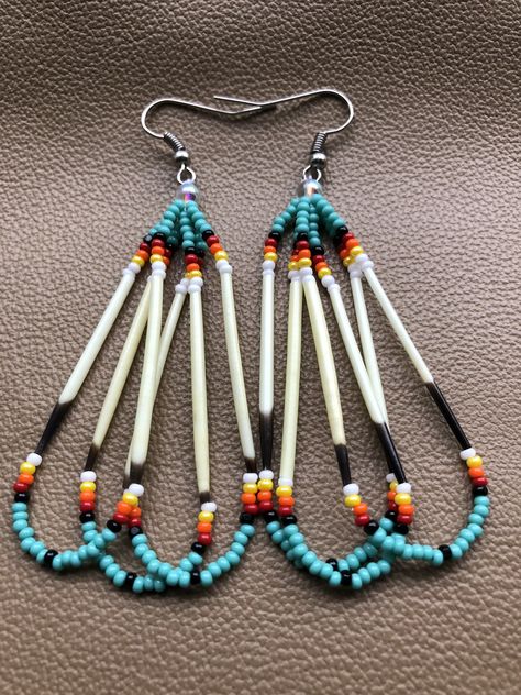 OjibewaBeadwork on Etsy  Native American made beaded earrings made with porcupine quills Porcupine Quill Jewelry, Native American Beadwork Earrings, Native American Beadwork Patterns, Seed Bead Jewelry Patterns, Native Beading Patterns, Porcupine Quills, Beaded Earrings Native, Beadwork Designs, Beaded Earrings Tutorials