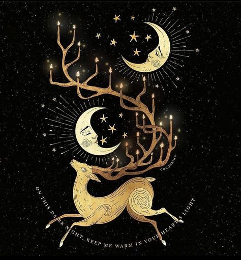 Winter Solstice Aesthetic Art, Witchy New Year Wallpaper, Yule Art Winter Solstice, Solstice Art, Pagan Christmas, Pagan Yule, Deer Drawing, Funny Witch, Deer Illustration