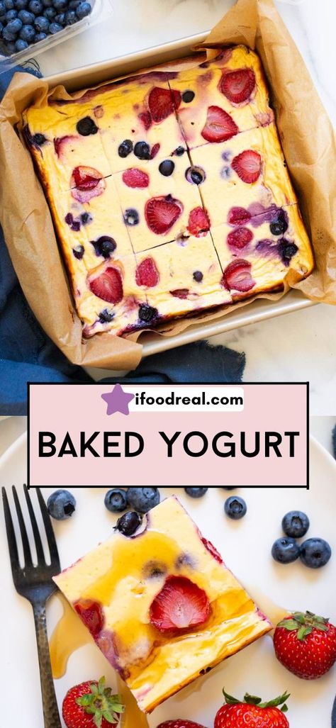 Baked Yogurt tastes like healthy custard, is made with 6 ingredients and contains 8 grams of protein. Dinners With Greek Yogurt, Desserts With Yogurt Baking, Greek Yogurt Macro Recipes, Baked Yogurt Dessert, Greek Yogurt Cheesecake Bars, Yogurt Bar Recipe, Greek Yogurt Custard, Vanilla Yogurt Ideas, Fruit And Yogurt Dessert