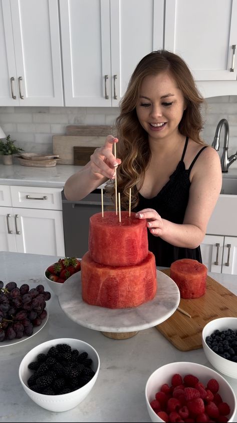 Watermelon Cake - Domestically Blissful Watermelon Tiered Cake, Extra Watermelon, Cake Made Of Fruit, Watermelon Cakes, Domestically Blissful, Shower Checklist, Fruit Birthday Cake, Birthday 16, Amazing Food Platters