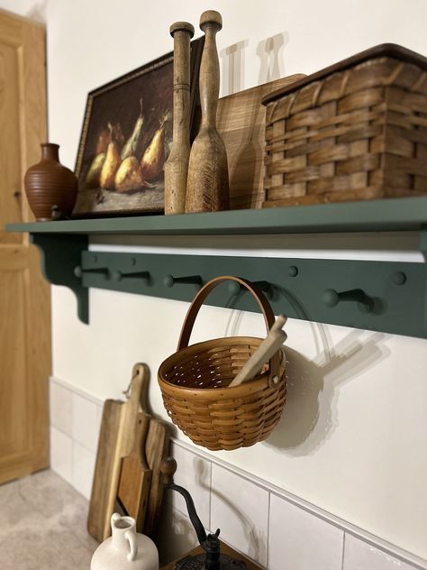 Green Accents Kitchen, Shelf Picture Display, Wood Shelf Kitchen, Shaker Shelf, Shaker Peg Shelf, Amazing Gray Paint, Green Farmhouse Kitchen, Whimsical Playroom, Peg Coat Rack