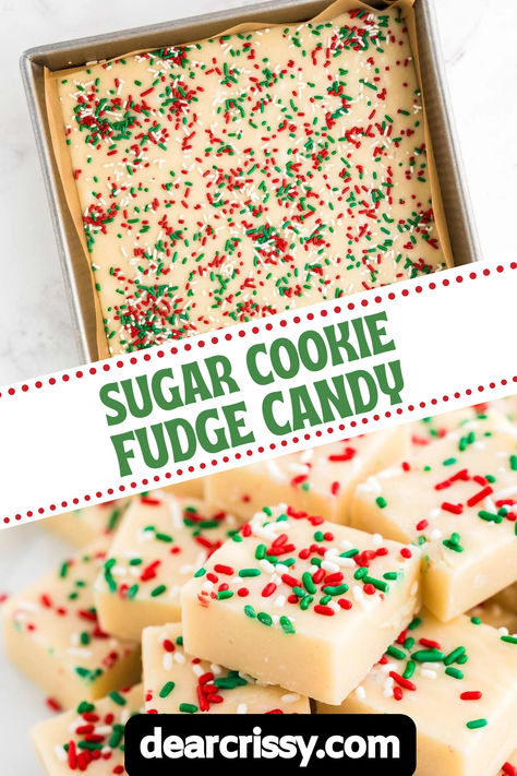 Indulge in the festive delight of Sugar Cookie Fudge Candy made in a loaf pan. This creamy, sweet treat combines white chocolate and sugar cookie flavors, with a sprinkle of holiday cheer. Easy to prepare and perfect for sharing, each bite melts in your mouth, delivering a burst of nostalgia. Elevate your dessert table with this vibrant, seasonal favorite that everyone will love! Sugar Cookie Fudge Recipe, Sugar Cookie Fudge, Christmas Fudge Recipes Easy, Christmas Casserole, Perfect Christmas Dessert, Christmas Side Dishes, Christmas Fudge, Fudge Easy, Cookie Flavors