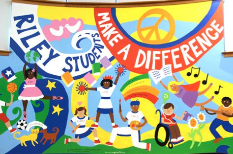 “It shows respect and kindness, which are some of the words that represent our school,” said one Riley Avenue fourth-grader at the unveiling of the mural today. “If we all look at it each day, we will be reminded to be kind to each other.” Kindness Mural, Diversity Mural, Church Mural, Wallpaper School, Landscape Architecture Park, Play Ground, School Murals, Murals For Kids, Board Display