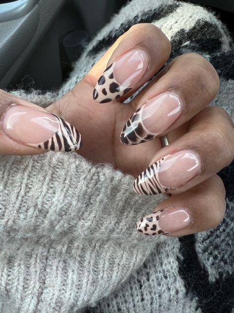 Tiger Stripe French Tip Nails, Animals Print Nails, French Tip Animal Print Nails, Safari Print Nails, Abstract Animal Print Nails, Different Animal Print Nails, Animal Print Nails French Tip, Zebra And Leopard Nails, Almond Nails Cheetah Print