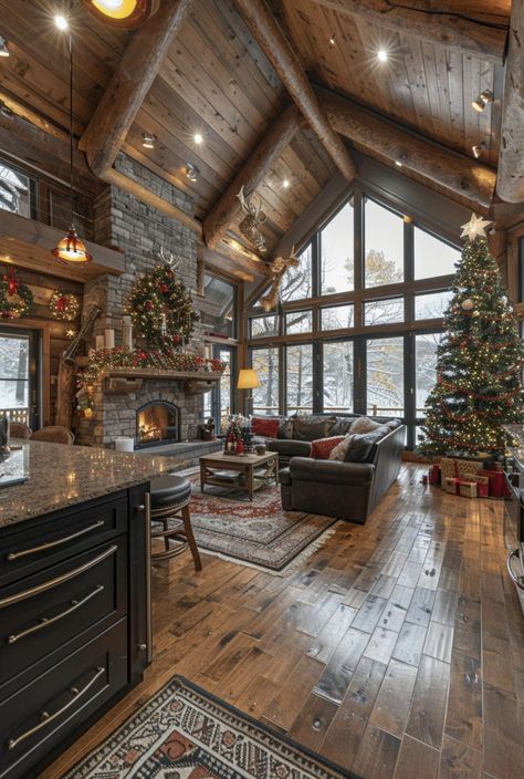 Mountain Traditional Home, Cabin Interiors Aesthetic, Log Houses Interior, Ranch Homes Aesthetic, A Frame Family Room, Homes In Colorado, Log Cabin Family Room, Cabin With Loft Interior, Bright Log Cabin Interior