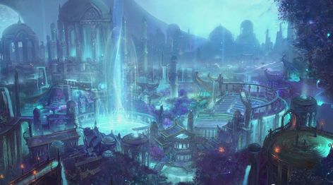 What should new night elf cities look like? Elf City, Elven City, Concept Art Landscape, Underwater City, Warcraft Art, Night Elf, Building Illustration, Psy Art, Fantasy City