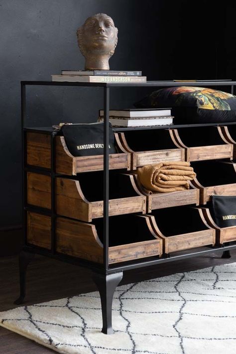 Lifestyle image of the front of the Haberdashery 12 Drawer Shop Counter With Glass Top Black Metal Shelf, Amp Storage, Wall Storage Unit, Glass Countertops, Rockett St George, Shop Counter, Wooden Counter, Retro Shop, Cabinet Style