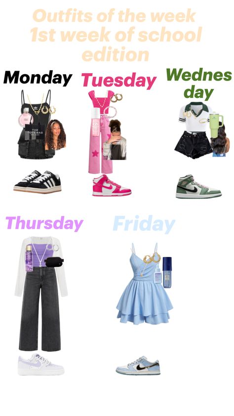 Outfits of the 1st week of school 🏫 !!! #fyp #oitfitinspo #outfit #firstweekofschool Outfits For The Week, Week Outfits, School Week, Outfits For School, Weekly Outfits, School Outfits, Cute Outfits, Clothes