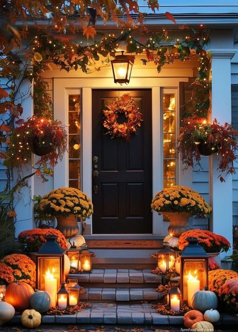 30 Stunning Fall Door Decorating Ideas to Wow Your Guests 39 Lantern Decor Outdoor Front Doors, Thanksgiving Front Door Decorations, Fall Lantern Decor Ideas Front Porch, Fall Decor Doorway, Front Door Thanksgiving Decor Ideas, Latern Decor Ideas Outside, Simple Fall Porch Decorating Ideas, Thanksgiving Porch Decor, Fall Garland Front Door