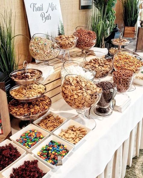 Nuts Table Ideas, Snack Bar Cocktail Hour, Munchie Bar Wedding, Wedding Cocktail Hour Snack Ideas, Winter Wedding Snack Bar, Trail Mix Bar Make Your Own Wedding, Cereal Bar Station, Wedding Snack Station Ideas, Chips Ideas For Party