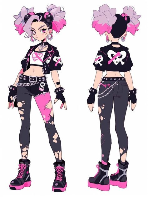 Punk Style Drawing, Pastel Punk Art, Goth Outfit Female, Pastel Goth Character Design, Pink Punk Aesthetic Outfits, Punk Anime Female, Punk Outfit Drawing, Oc Outfit Ideas Female, Pastel Character Design