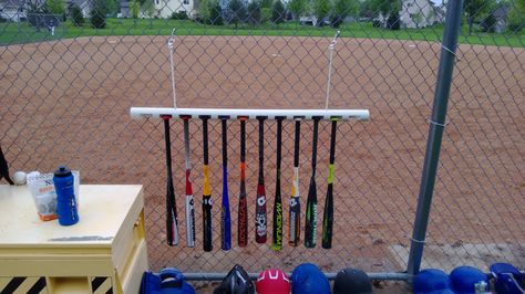 Diy Dugout, Softball Dugout, Baseball Bat Holder, Baseball Bat Rack, Baseball Holder, Sports Equipment Storage, Baseball Dugout, Baseball Scoreboard, Football Pads