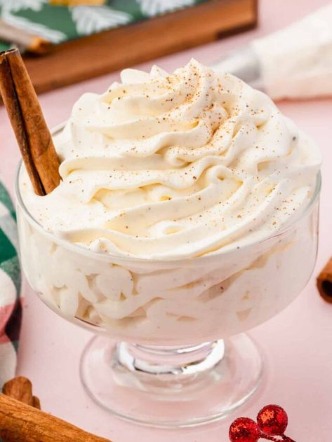 Eggnog Whipped Cream Recipe - Completely Christmas Christmas Day Desserts, Eggnog Dessert Recipes, Eggnog Whipped Cream, Eggnog Desserts, Easy Whipped Cream Recipe, Holiday Cake Recipes, Eggnog Dessert, Eggnog Recipe Homemade, Starbucks Pumpkin Bread