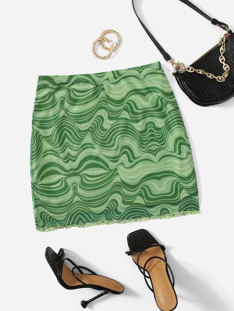 SHEIN Marble Print Lettuce Hem Bodycon Skirt | SHEIN USA Cheap Green Skirt, Aesthetic Skirts, Pu Leather Skirt, Bodycon Midi Skirt, Festival Skirts, Women Bottoms, Hippie Costume, Lettuce Hem, Women Skirts