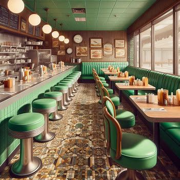 a-1940s2f1950s-diner-interior2c-with-sage-green-and- - Image Creator from Microsoft Designer Old Fashioned Diner Aesthetic, 1950s Diner Aesthetic, Retro Cafe Design, Vintage Restaurant Interior, Vintage Diner Aesthetic, 70s Diner, Diner Interior, Vintage Cafe Design, Cocktail Bar Interior