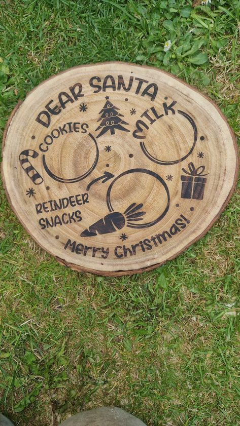 This is a lovely hand crafted Santa tray that has been designed and burnt onto a real wooden log by our very talented daughter Annie. Logs measure 25cm x 2 cm on average due to being real wood. This will be great as a Santa Christmas eve tray. Santa Tray Ideas, Santa Tray, Wooden Log, Santa Cookies, Cookie Tray, Decorative Trays, Etched Glass, Wooden Tray, Unique Things