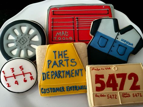 Cookies for an automotive service department Mechanic Cookies Decorated, Mechanic Cookies, Cookie Flooding, Baby Mechanic, Nascar Party, Car Cookies, Thank You Cookies, Butterfly Cupcakes, Candy Bar Party