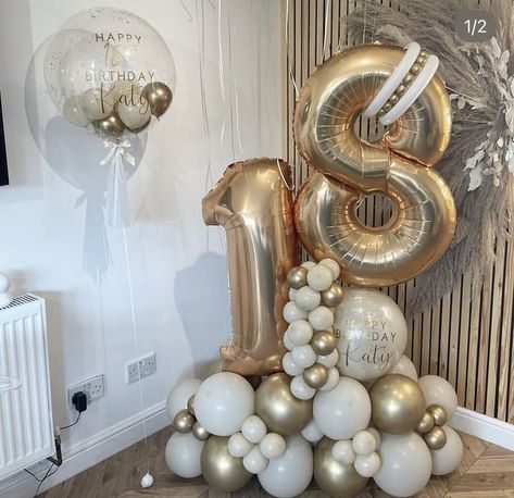 Birthday Ballons Idea, Balloon 18th Birthday, 16 Ballon Arrangement, Balloons 18th Birthday, Gold And Cream Birthday Party Decor, 18th Birthday Balloon Bouquet, 80 Balloon Decor, Number Balloon Arrangements, Number Stack Balloon