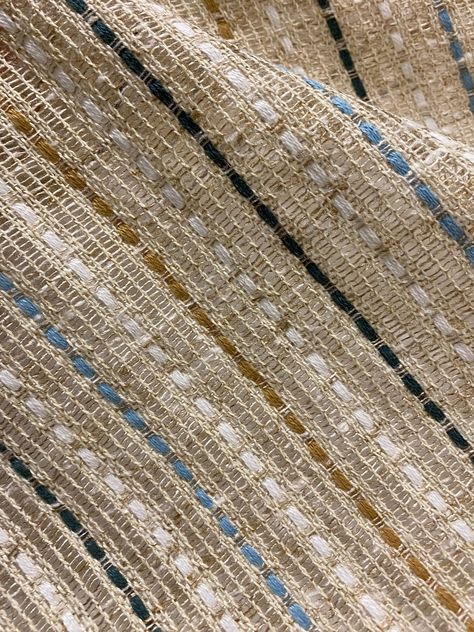 "Vintage 1960's-70's beige, white, dark blue, light blue and brown striped loose weave or open weave drapery fabric.  Cotton/rayon 48\" wide x 1 yard (36\") I will send one continuous piece if more than one yard purchased. Old stock fabric in excellent condition! *11 yards in stock" Pitloom Rugs, Leno Weave, Blue Weave, Textiles Projects, Dobby Weave, Couch Fabric, Fabric Textures, Weave Fabric, Blue And Brown