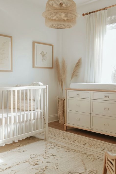 Neutral nursery ideas offer a timeless, soothing backdrop that's perfect for any gender. Click to see more. Soothing Nursery, White Changing Table, Neutral Nursery Ideas, White Rocking Chairs, Gender Neutral Baby Nursery, Wood Crib, Grey Accent Wall, Rattan Rocking Chair, White Crib