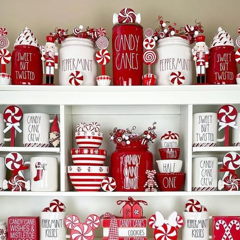 Candy Cane Kitchen Decor, Rae Dunn Gingerbread Display, Candy Cane Theme Decorations, Candy Cane Lane Christmas Decor, Candy Cane Lane Theme, Candy Cane Theme Christmas, Christmas Candy Decor, Candy Cane Christmas Decor, Candy Cane Christmas Decorations