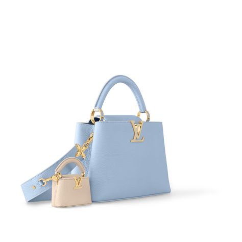 LOUIS VUITTON® - Capucines Bb - Candy Blue Capucines Louis Vuitton, Blue Chanel Bag, Light Blue Purse, Louis Vuitton Capucines Bb, House Icon, Cute Mini Backpacks, Blue Handbag, Tiny Bag, Louis Vuitton Capucines