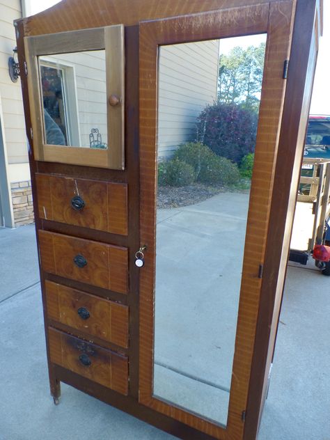 Diy Old Wardrobe Makeover, Antique Armoire Makeover Paint, Repurposed Wardrobe Ideas, Chiffarobe Repurposed, Antique Chifferobe Makeover, Repurposed Chifferobe, Painted Amoire Ideas, Vintage Armoire Makeover, Refinished Armoire Ideas