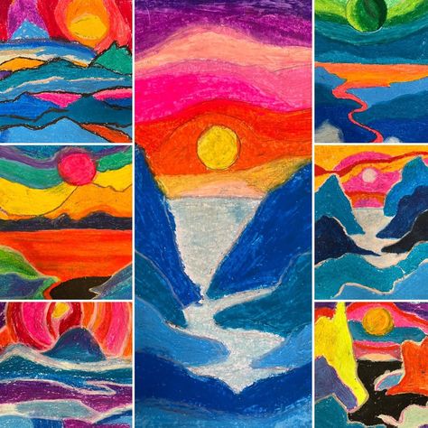 School • Instagram Acrylic Painting Middle School Art Projects, Oil Pastels Landscape, Bright Color Combinations, Third Grade Art Project, Ted Harrison, Landscape Art Lessons, Art Camp Projects, 2nd Grade Art, Art Lessons Middle School