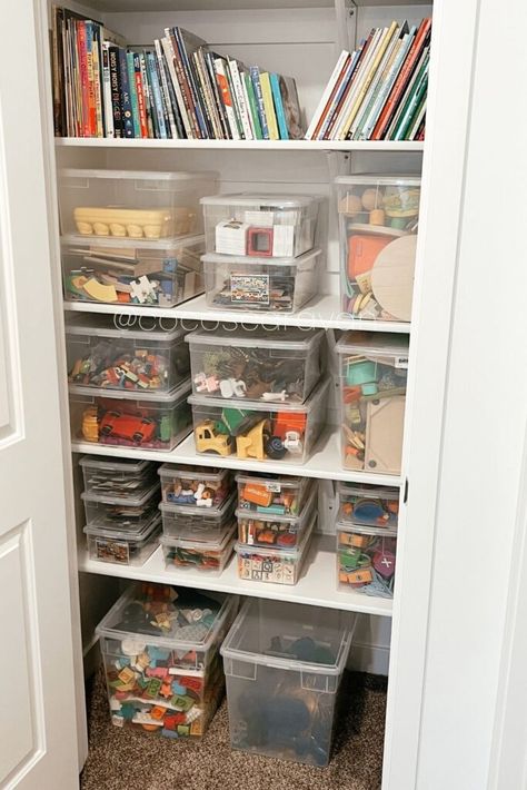 Toy And Craft Closet Organization, Toy Organization Bins, Small Toy Closet Organization, Small Toy Closet, Closet Storage For Toys, Closet Organization For Toys, Play Closet Organization, Toy Storage Ideas Closet, Toy Cupboard Storage Ideas