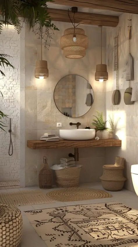 Boho Inspired Bathroom, Earth Bathroom Ideas, Unique Interior Design Creative, Bathroom Ideas Neutral, Natural Bathroom Ideas, Bohemian Interior Design Style, Unique Bathroom Ideas, Bali Bathroom, Natural Wood Bathroom