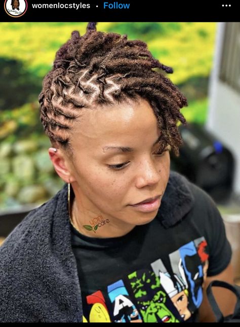 Modern Dreadlocks Styles, Short Women Loc Styles, Short Dread Styles Updo, Very Short Locs Hairstyles For Women, Loc Hawk Styles, Dreadlock Hairstyles Short Locs, Hairstyles For Short Dreadlocks, Side Loc Styles, Short Loc Updos For Women