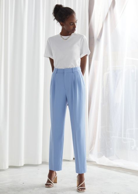 Duo Pleat Tailored Trousers Light Blue Trousers Outfit, Blue Trousers Outfit, Blue Pants Outfit, Light Blue Pants, Trouser Outfit, Trouser Outfits, Blue Trousers, Work Wear Women, Pantalon Large