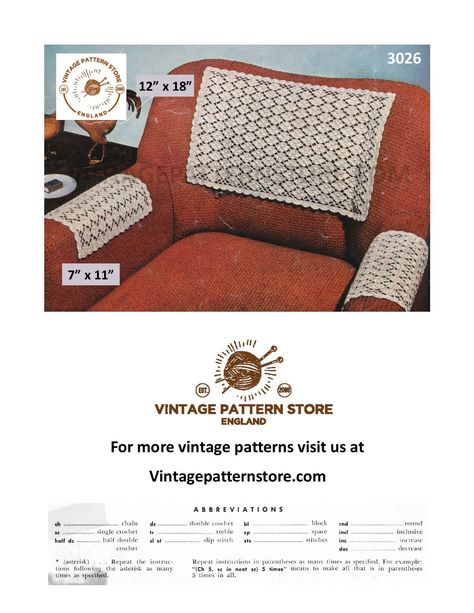 Vintage crochet chair back covers, Settee back covers and chair arm covers, 50s chair back covers pattern - PDF download 3026 Crochet Chair, Vintage Settee, Chair Back Covers, Patterned Chair, Crochet Blocks, Settee Sofa, Pattern Store, Crochet Tablecloth, 50s Vintage