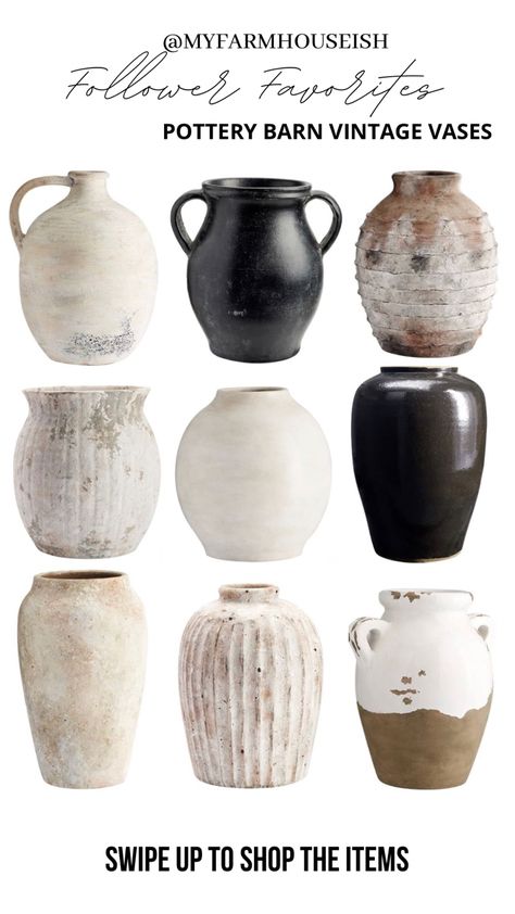 A round-up of my favorites Pottery Barn Vintage Vases. Pottery Barn Decorating Ideas, Large Pottery Vases, Pottery Barn Vases, Wine Bottles In The Garden, Pottery Barn Vase, Diy Pottery Barn Decor, Bottles In The Garden, Pottery Vase Ideas, Pottery Barn Accessories