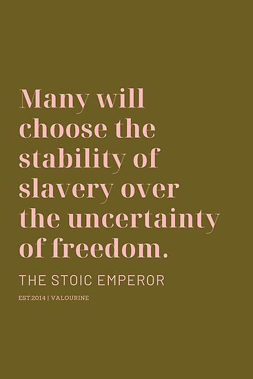 Many will choose the stability of slavery over the uncertainty of freedom. The Stoic Emperor / | #stoic #philosphy #mindset #motivational #success #inspiring #inspirational #motivation #motivating #lifequote #successquote / |inspirational spiritual quotes / |what a life quotes / |best quotes about life / |be the change quote / |quotes about change in life / |change is good quote / |life change quotes / |wisdomquotes.com / |Motivational Quote Poster / |motivational quotes about life / |inspirin Spiritual Freedom Quotes, Quotes About Tradition, Uncertainty Quotes Life, Freedom Quotes Life Be Free, Quotes About Being Different, Uncertainty Quotes, Quotes On Freedom, Quotes About Freedom, White Inspirational Quotes