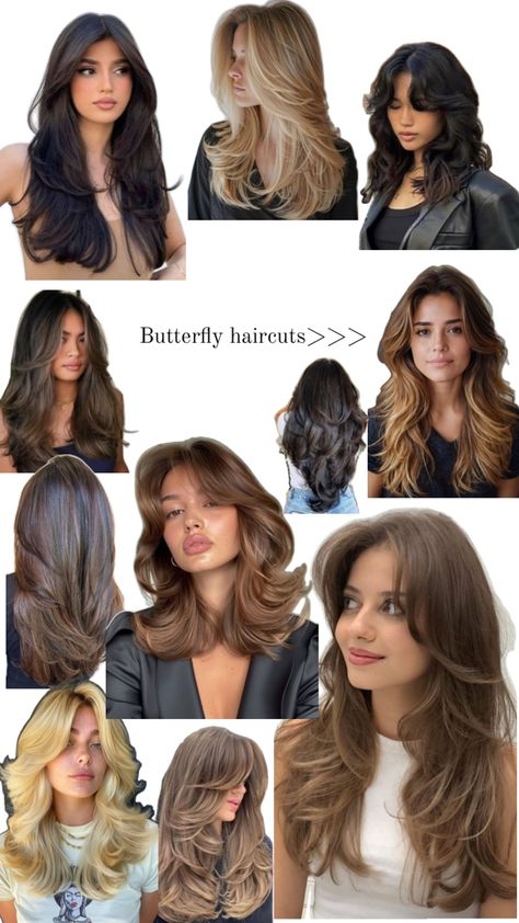 Butterfly cuts for all colors 🦋 Butterfly Haircut With Brown Highlights, Brunette Butterfly Cut, Hair Setting Styles, Butterfly Aesthetic, Butterfly Cut, Wacky Hair, Brunette Balayage Hair, Pretty Hair Color, Haircuts Straight Hair