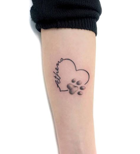 Paw Print Tattoo With Letter, Forever In My Heart Dog Tattoo, Dog Tattoo Ideas Infinity, Pet Paw Print Memorial Tattoo, Dog Heart Tattoo Ideas, Puppy Love Tattoos, Dog Paw Print Heart Tattoo, Paw With Heart Tattoo, Heart Tattoo With Paw Print