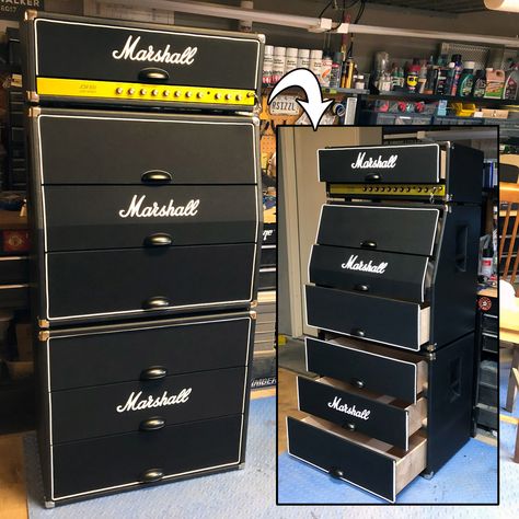 This build took a bit longer to finish than I had originally planned on - but my teenage son loves it, and it looks super cool in his room with all of his guitars and amps.    #marshall #guitar #amplifier #amp #dresser #diy #furniture #mancave #musician Guitar Amp Furniture, Guitar Amp Shelf, Marshall Music, Marshall Guitar, Music Furniture, Music Wall Decal, Dresser Diy, Guitar Storage, Home Studio Ideas