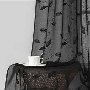 Black Living Room Curtains, Witchy Curtains, Black And White Boho Living Room, Black Sheer Curtains, Embroidered Leaf, Drapes For Bedroom, Embroidered Leaves, Floral Embroidery Patterns, Sheer Drapes