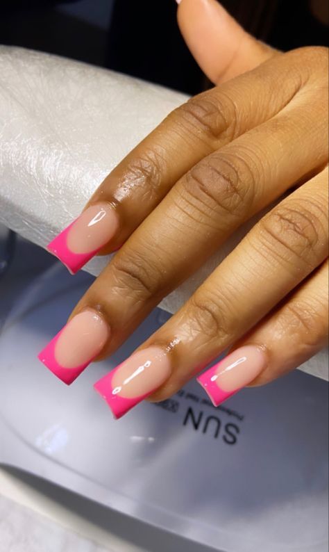 Cute Hot Pink French Tip Nails, Pink French Tip Black Women, Pink French Tip Nails Medium Length, Pink Nails No Design, Hot Pink French Tip Nails Square Short, Pink Fresh Tip Nails, Square Hot Pink French Tip Nails, All Pink French Nails, Short Square Hot Pink Nails