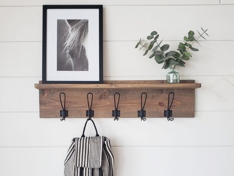 Modern Farmhouse Coat Rack, Bookbag Hooks Entryway, Shelf With Hooks Decor, Entry Way Coat Hook Ideas, Coat Hanger Ideas Front Entry, Entryway Shelf With Hooks, Shelf Coat Rack, Coat Rack Wall Mount, Shelf Decorations