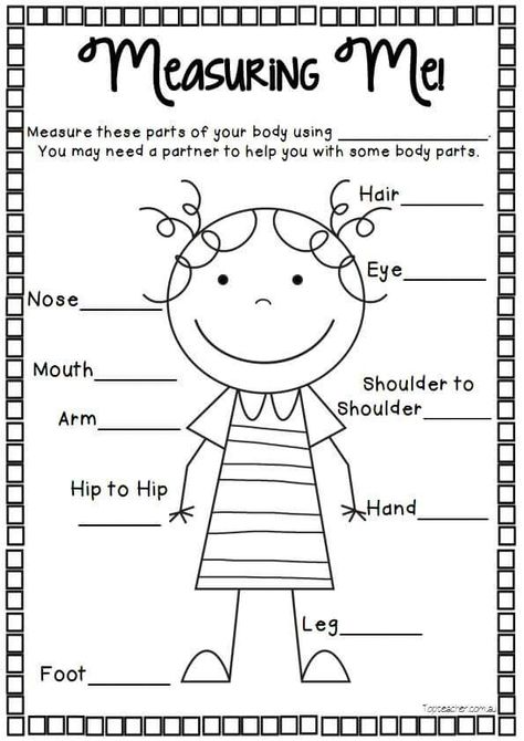 Measurement Measurements Worksheet, Math Measurement Activities, Kindergarten Measurement, Proportions Worksheet, Teaching Measurement, Body Parts For Kids, Measurement Kindergarten, Measurement Worksheets, Measurement Activities