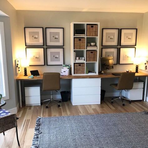 Front Room Turned Office, Office Living Area Design, Duo Home Office Ideas, Family Room With Office Area, Black And White Home Office Design, Family Office Craft Room, Sitting Room Turned Office, Rec Room Office Combo, Small Home Office 2 Desks