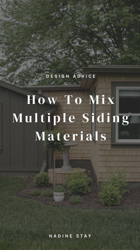 Interior design Q&A. How to mix multiple siding materials on an exterior. How to design an exterior. What siding materials look best together? Why we paired cedar shakes with board and batten and lap siding. Exterior design tips and advice by Nadine Stay | #designtips #interiordesigntips #designadvice #interiordesignadvice #designq&a #exteriordesign #exteriorsiding #cedarshake #boardandbatten #greenexterior Vertical Siding With Cedar Shake, Mixed Exterior Siding Ideas, Vertical Siding Exterior Ranch Style, Siding And Board And Batten Exterior, Vinyl Shaker Siding Exterior, Shake And Board And Batten Exterior, Board Batten Exterior Siding, Mixing Exterior Materials, Homes With Board And Batten Siding