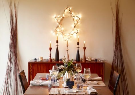 Beautiful and Inspirational Ways to Decorate for Hanukkah | HuffPost Life Hanukkah Bush, Table Floral Decorations, Christmas Sides, Christian Ornaments, Chanukah Decor, Hanukkah Decorations, Birch Branches, Geometric Vases, Sustainable Decor