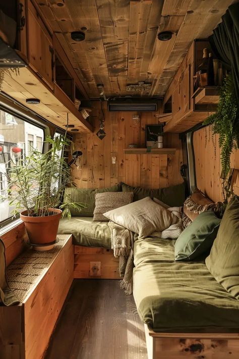 Campervan Wooden Interior, Rustic Van Conversion, Campervan Conversion Ideas, Traveling Van Aesthetic, Van Life Design, Converted Van Interior, Interior Van Designs, Iveco Daily Camper Conversion, Conversion Van Interior Ideas