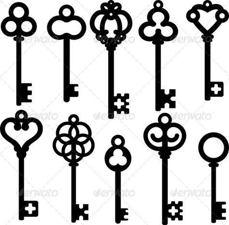 Antique skeleton keys silhouette set. Vector illustration, fully editable, vector objects separated and grouped. Editable EPS 8 Ve Key Tattoo Designs, Key Drawings, Bunch Of Keys, Chris Garver, Key Tattoos, Key Tattoo, Anniversaire Harry Potter, Old Keys, Skeleton Keys