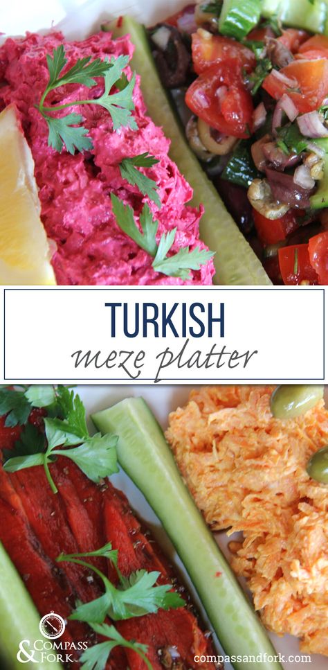 This easy to make meze platter is perfect for a party.  Make ahead of time includes all recipes.  Gluten free for guests with allergies.  www.compassandfork.com Turkish Meze, Turkish Mezze, Meze Recipes, Turkish Salad, Meze Platter, Dinner Party Starters, Food Variety, Perfect Dinner Party, Raw Beets