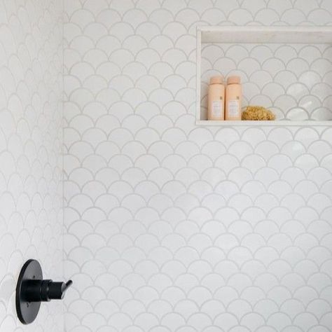 Gosh Scale Tile, Fish Scale Tile Shower Wall, White Mermaid Tile Bathroom, Fish Scale Tile Bathroom Floor, Mermaid Scale Tile, White Fish Scale Tile Bathroom, Scalloped Tile Bathroom, Fishscale Tile Bathroom, Fishscale Backsplash