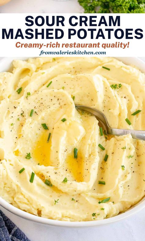 Once you try creamy, rich Sour Cream Mashed Potatoes there's no going back! Simple ingredients and some important tips will help you create these restaurant quality mashed potatoes. Mashed Potatoes Recipe Sour Cream, Mashed Potatoes With Sour Cream, Cream Mashed Potatoes, Cream Potatoes, Potatoes With Sour Cream, Delicious Mashed Potatoes, Sour Cream Mashed Potatoes, Sour Cream Noodle Bake, Sour Cream Potatoes